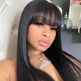 Cutie Girl! Natural Black Straight Lace Frontal Wig With Bangs